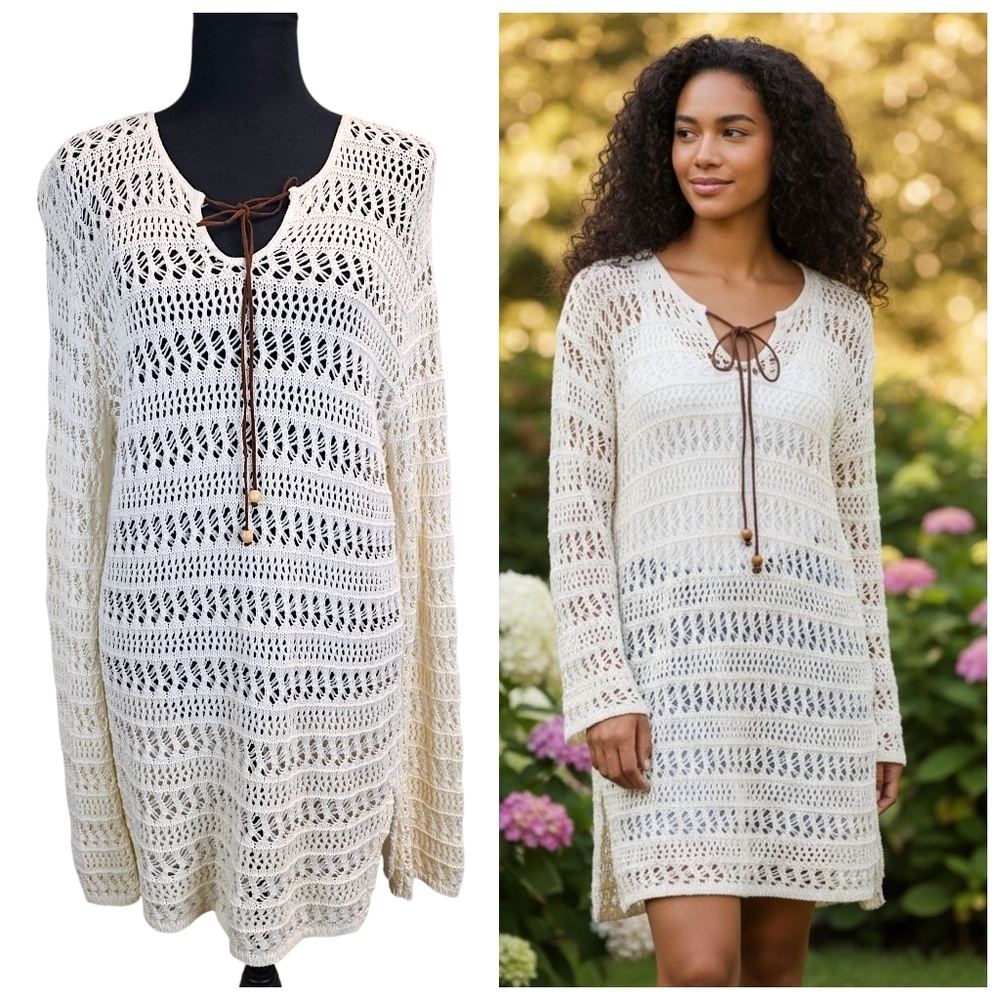 Gloria Vanderbilt Cotton Crochet Tunic Dress Beige Boho Beach Cover Up Vintage L